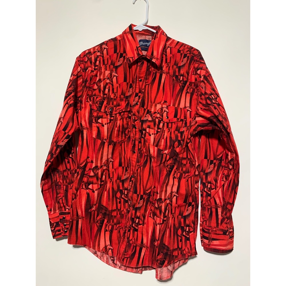 Wrangler Men Size L Red Long Sleeve Graphic Horses Pearl Snap Button Front Shirt
